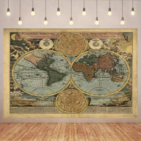 Vintage World Map Backdrop 10x8ft Large Photography Background Antique Parchment Style with World Hemisphere Design