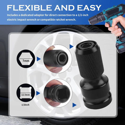 Clean Sweep Rust Removal 5 Piece Wheel Hub Cleaning Kit With 3 Grinding Discs And Polish Pads Designed For Half Inch Drills Sedan Coupe And Pickup Trucks flexible 1/2 inch adapter shown