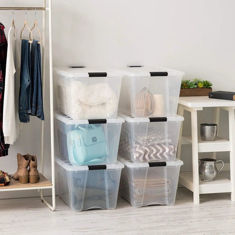 Top Shelf 54 Quart Stackable Storage Bins 12 Pack Clear Plastic Totes With Rock Solid Lids Bpa Free Made In Usa No Drama Stacking Keeps Your Garage Closet And Room Stuff Snug