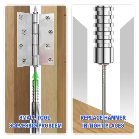 Spring Loaded Nail Set Tools Two Piece Dual Head Nail Setter And Hinge Pin Punch Set Hammerless shown in use on door hinge.