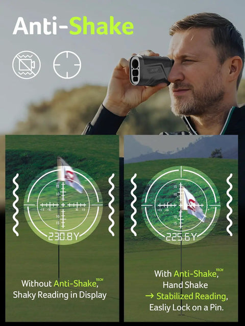 Man using Go To Golf Rangefinder With Slope And Anti Shake Tech, 800 Yard Range, 6X Magnification, Flag Pole Lock feature shown
