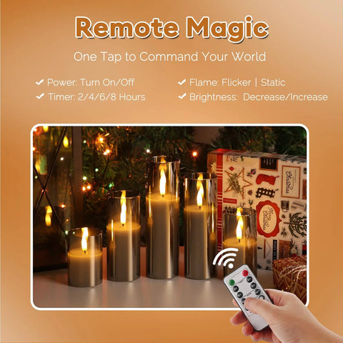 Grey Glass Flameless Candles With Remote Control Real Wax Look Flickering LED Pillar Candles for Cozy Home Decor Slim Tall Battery Powered Set of Five