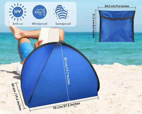 Portable Pop Up Pet Tent Sun Shade Shelter for Dogs, Cats, and Small Animals on sand, with UV protection and carry bag.