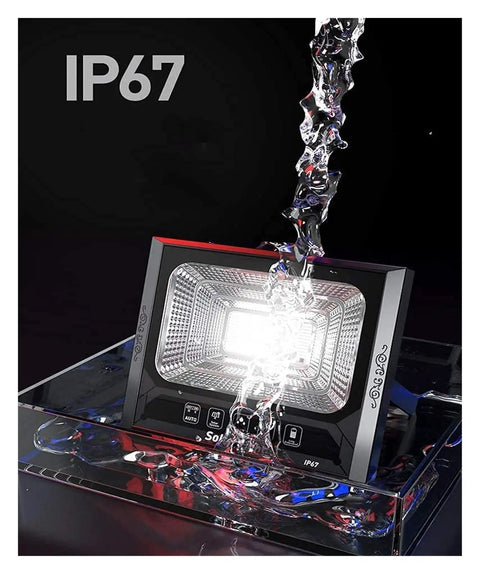 JUDYSSY Courtyard Light Solar Lights Outdoor Garden Solar Led Flood Light Remote IP67 waterproof light being tested underwater.