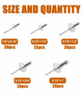 Image showing various sizes of the 125 Piece Large Flange Aluminum Blind Rivet Set With Pop Rivets Assortment Kit For DIY Ready Heavy Duty Projects.