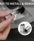 Porsche Tire Valve Stem Caps 4 Pack Alloy Dust Caps being installed on car wheel valve, corrosion resistant waterproof accessory