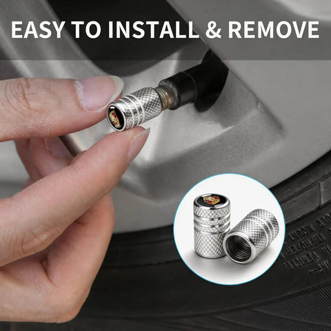 Porsche Tire Valve Stem Caps 4 Pack Alloy Dust Caps being installed on car wheel valve, corrosion resistant waterproof accessory