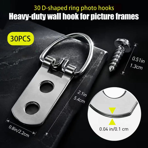 30 Pack Heavy Duty D Ring Picture Hangers With 60 Screws 2 Hole Stainless Steel Rust Proof Built Tough For Frames Mirrors And Decor Easy Install Durable Corrosion Resistant, 30pcs hook and screw