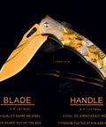Titanium Plated Wolf 3D Relief Handle Folding Pocket Knife With Dope 440 Steel Blade, 3.6 Inch EDC Knife, gold finish open view