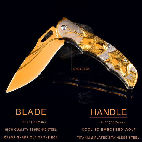 Titanium Plated Wolf 3D Relief Handle Folding Pocket Knife With Dope 440 Steel Blade, 3.6 Inch EDC Knife, gold finish open view