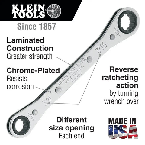 Ratcheting Box Wrench 1 Quarter Inch By 5 Sixteenth Inch With Reverse Action Chrome Plated Laminated Construction Made In USA Klein Tools