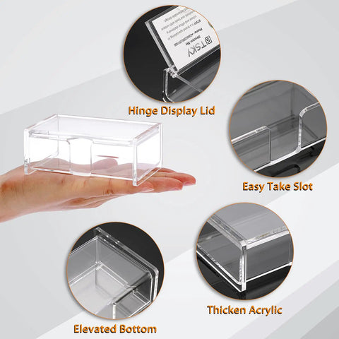 Clear Acrylic Business Card Holder With Display Lid, slick desk organizer in hand, showcase of features including easy slide access.