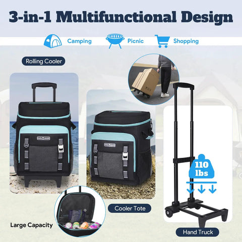 Rolling Cooler With Wheels And Handle, 50L Capacity For 80 Cans, Portable Insulated PEVA Cooler, Leakproof and Durable design