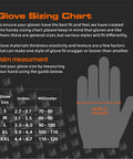Glove sizing chart with hand illustration showing palm measurement for different glove sizes in inches and millimeters.