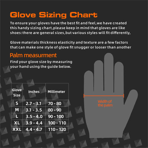 Glove sizing chart with hand illustration showing palm measurement for different glove sizes in inches and millimeters.