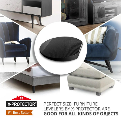Slick Black Rubber Furniture Levelers 2 Inch Adjustable Shims for steady furniture use, shown with various furniture pieces.