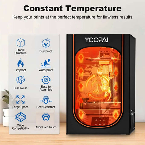Resin 3D Printer Enclosure With Built In Ventilation Filter Odor Control Carbon Filter, showing front view and temperature control features.