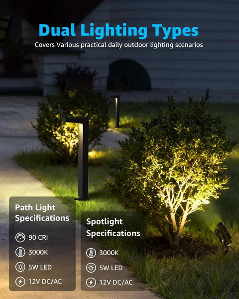 Low Voltage Landscape Lighting Kit With 8 Path Lights And 4 Spotlights 3000K illuminating garden pathway and bushes