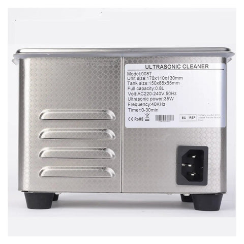 Heavy Duty Ultrasonic Cleaner With 800ml Stainless Tank And Adjustable Heat Settings For Jewelry Glasses Watches Dentures And Tech Gear, side view with specifications.