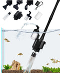 All in One 6 in 1 Electric Gravel Vacuum for Aquariums, Auto Water Change, Sand Washing, Water Circulation, Includes Reusable Filter Cup and Hose Clamp, 370GPH 22W Fish Tank Cleaner, shown with attachments in aquarium