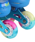 Close-up of Kids Adjustable Inline Skates With Light Up Wheels Blue Roller Blades For Indoor And Outdoor Fun, multicolor wheels.