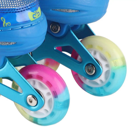 Close-up of light-up wheels on blue adjustable inline skates for kids, breathable comfort fit, outdoor roller blades, growing feet.