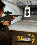 Man using Rechargeable Laser Bore Sight Kit With 32 Adapters For 17 To 12 Gauge Calibers at indoor range with target