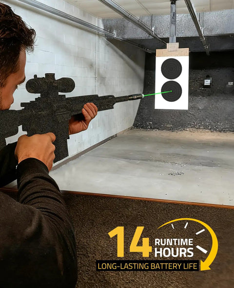 Man using Rechargeable Laser Bore Sight Kit With 32 Adapters For 17 To 12 Gauge Calibers at indoor range with target
