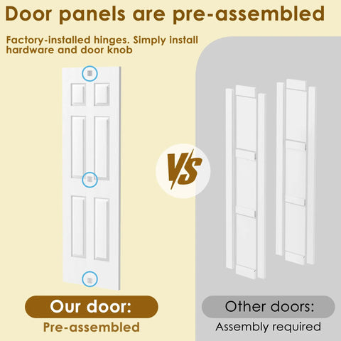 Pre-assembled six panel white bifold door showing factory-installed hinges for easy mounting. Top Tier 60X80 Bifold Closet Doors Raised Textured Six Panel Face White Primed Lightweight Hollow Core Full Hardware Pack Included For A No Sweat Pantry Or Laundry Room Makeover.