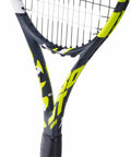 Close-up of Boost Aero Yellow Tennis Racquet Pre Strung With White Syn Gut At Mid Range Tension One Quarter Inch Grip Lightweight
