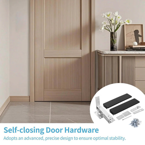 Double Action Spring Hinge With Cover Plates For Wood Doors Self Closing Door Hardware shown with wooden door and accessories.