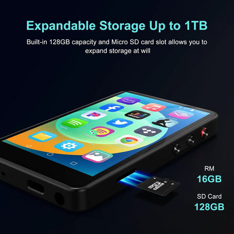 All In One Portable MP3 Player With Bluetooth And Wi Fi 144GB Music Player showing expandable storage up to 1TB