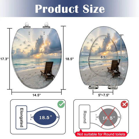 Elongated deck chair sandy beach waters edge seas Toilet Seat dimensions showing 18.5" length and 14.5" width
