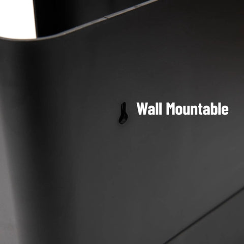 Close-up of wall mount feature on Cup And Condiment Station For Countertop Coffee Bar 13 Inch Organizer Black Plastic Storage Caddy.