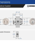 Transitional Single Cylinder Deadbolt Lock dimensions and components with ANSI Grade 2 certified satin nickel finish.