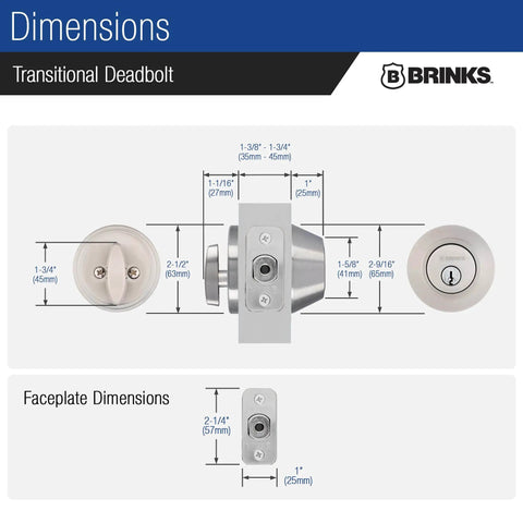 Transitional Single Cylinder Deadbolt Lock dimensions and components with ANSI Grade 2 certified satin nickel finish.
