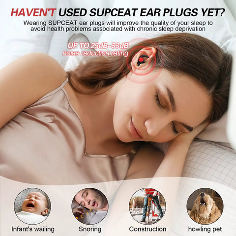 Woman sleeping with Soft Silicone Sleeping Ear Plugs, Reusable Noise Reduction Earplugs Pack, 2 Pairs, NRR 25 to 33 dB.