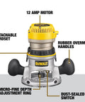 Fixed And Plunge Base Router Kit With Soft Start And Electronic Variable Speed, 12 Amp Motor, labels highlighting features