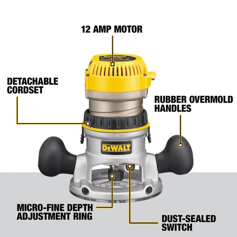 Fixed And Plunge Base Router Kit With Soft Start And Electronic Variable Speed, 12 Amp Motor, labels highlighting features