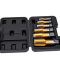 Six Piece Ti Coated Carbon Steel NPT Pipe Tap Set With Storage Case For Plumbing Automotive And Construction Jobs - Includes 1/8 In, 1/4 In, 3/8 In, 1/2 In, 3/4 In And 1 In Hand Threading Taps. Open case with Ti-coated NPT pipe taps