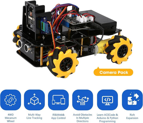 Kid Friendly 3MP Camera STEM Robot Kit With App And Remote Control For Ages 8 To 16, Arduino And Scratch Compatible, with Mecanum wheels.