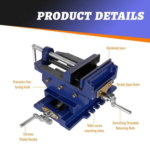 Heavy Duty Cast Iron Drill Press Vise Featuring Six Inch Max Jaw Opening And Slick Two Way Xy Sliding Base For Rock Solid Clamping Power During Precision Woodworking Jobs And Garage Projects with chrome plated handle and precision fine-tuning knob