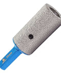 Angled side view of a diamond finger milling bit with blue 20mm hex shank and textured cylindrical head