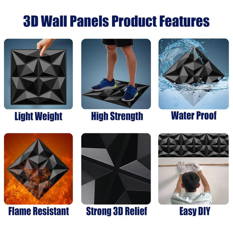 3D Wall Panels Black Textured PVC Tiles, 19.7 By 19.7 Inches, Pack Of 12 Covering 32 Sq Ft, Easy DIY, product features display