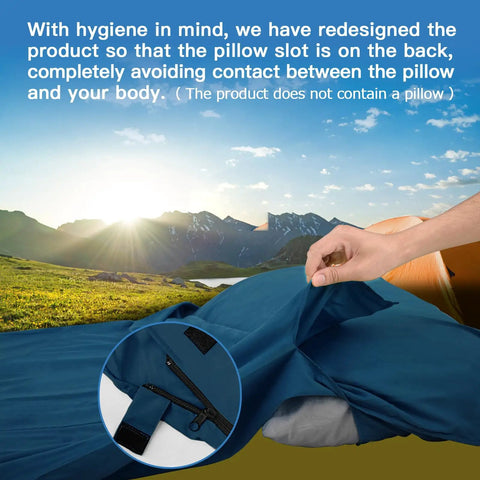 Blue Ultralight Sleeping Bag Liner Travel Sheets And Adult Sleep Sack For Summer Use with closeup of pillow slot.