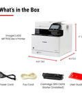 Color Wireless Duplex Printer All In One With Scanner Copy Fax Four In One 35 PPM Color And Black White Auto Document Feeder Quick First Print Time Easy Wireless Setup 3 Year Limited Warranty, shown with accessories including power and fax cords, toner, and user guide.