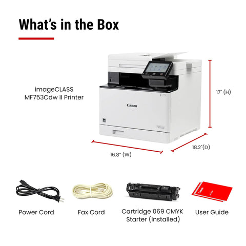 Color Wireless Duplex Printer All In One With Scanner Copy Fax Four In One 35 PPM Color And Black White Auto Document Feeder Quick First Print Time Easy Wireless Setup 3 Year Limited Warranty, shown with accessories including power and fax cords, toner, and user guide.