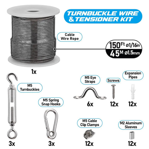 Turnbuckle Wire Tensioner Kit For Cable Railing, 150 Feet Of One Sixteenth Inch Stainless Steel Cable, Includes Thimbles