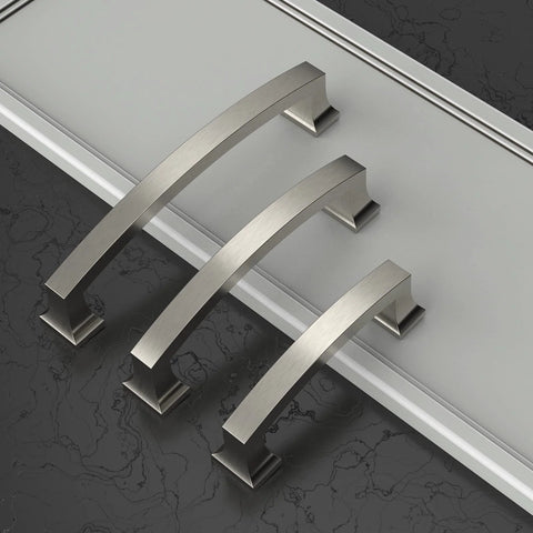 10 Pack 5 Inch Cabinet Handles Brushed Satin Nickel Center To Center 128mm Pulls lying on a counter