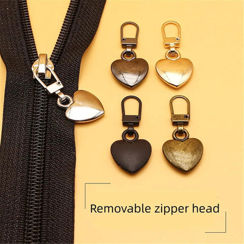 5 Pack Multicolor Heart Shaped Zipper Pull Replacements, Metal Zipper Tabs For Coats, Jackets on display with zipper